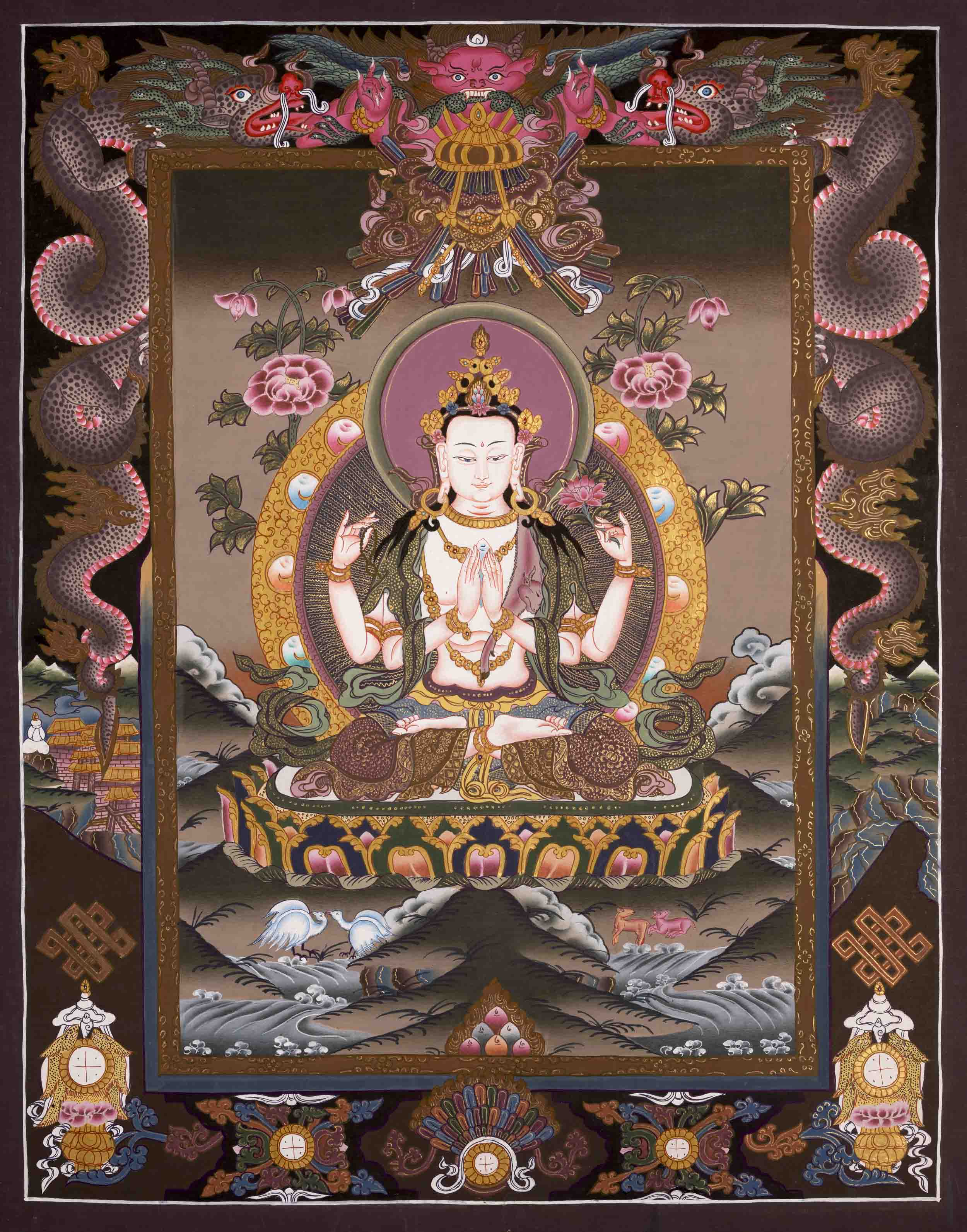 Dragon Border Avalokitesvara Chengrezig Thangka